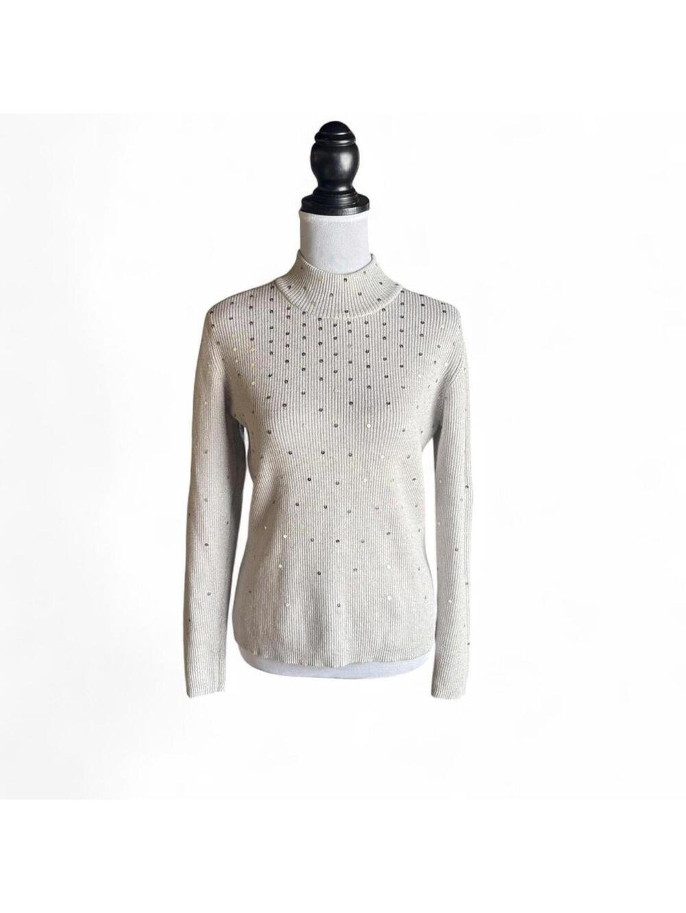 Kim Rogers Signature Light Grey Ribbed Sequined Mock Neck Sweater Size L